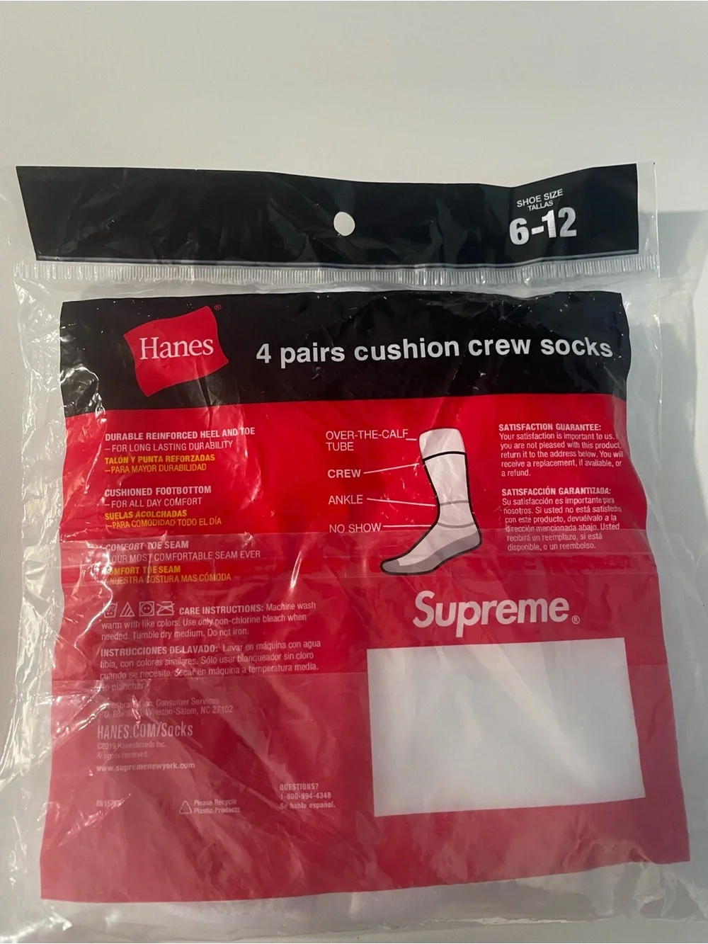 Hanes White Crew Socks with Red Supreme Logo - 4 Pairs